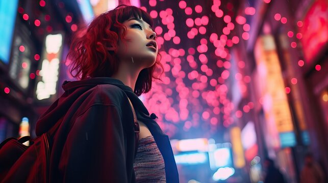 Portrait of a young woman in a futuristic cyberpunk city, looking up
