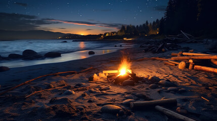 Travel Concept of Campfire During Sunset Evening Before Night at Beach