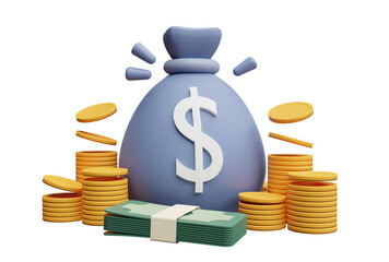 Money bag 3d pile of money and pile of coins, illustration of savings, investment and payments