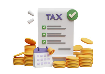 3d icon of tax form, calendar and stack of coins, bill and payment illustration