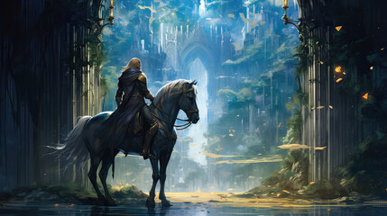 A knight on horseback guarding a fantasy realm's gate. AI generative

