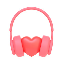 Cartoon headphones with heart isolated on white background. Minimal creative concept. 3D render illustration