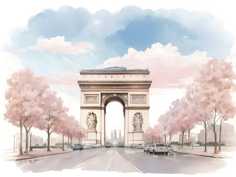 水彩画背景_世界旅行_フランス_凱旋門_03