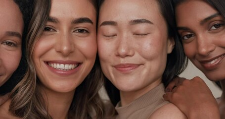 Skincare group, face or women smile for anti aging cosmetics, beauty glow and spa wellness support. Equality, cosmetology closeup or diversity portrait of unique friends together on studio background - Powered by Adobe