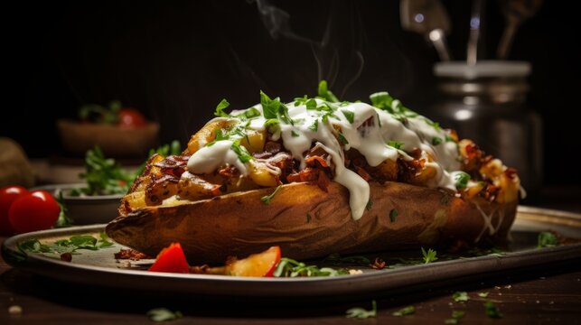 Food photography delicious Turkish baked potato, kumpir, 16:9, copy space