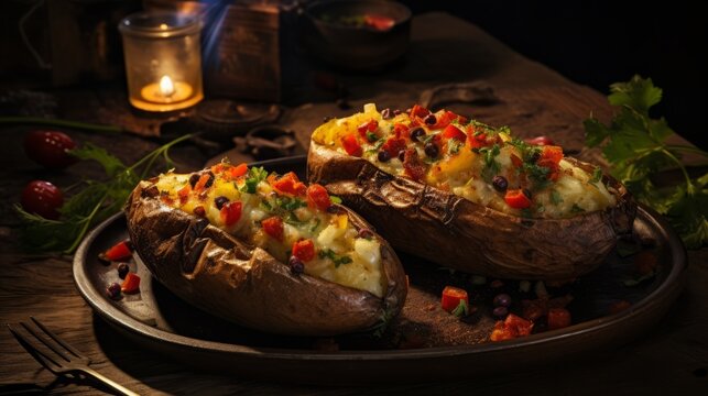 Food photography delicious Turkish baked potato, kumpir, 16:9, copy space