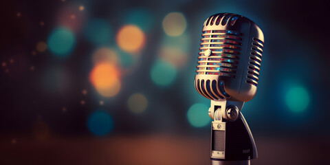 Stylish old retro microphone on colored background with bokeh. Concept bannner karaoke and stund up comedy - obrazy, fototapety, plakaty