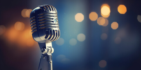 Stylish old retro microphone on colored background with bokeh. Concept bannner karaoke and stund up comedy