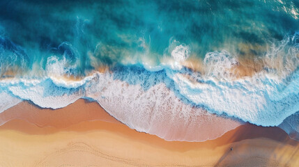 Aerial View of Beachscape white Sand Beach Surrounded by Crystal-Clear Turquoise Waves