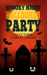 Halloween party invitations or greeting cards with handwritten traditional symbols.WITH GRAVE PLATE, CROSSES AND FULL MOON.2023