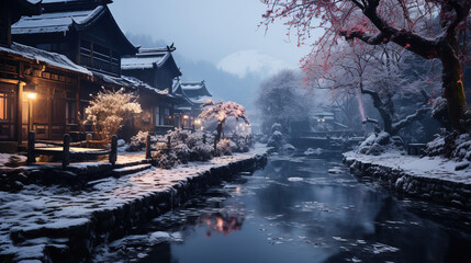 Fototapeta premium Snow On Chinese Ancient Village Streets Haze Atmosphere Road Covered With Snow