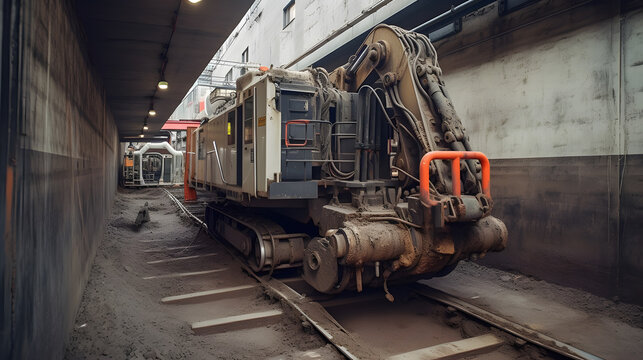 Process constructing subway, drilling tunnel, laying cables and rails. Industrial work to expand passenger transport flow