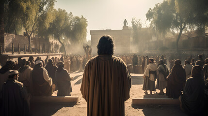 Rear view Jesus preaches to people on streets of Rome. Concept of spread of Christianity - obrazy, fototapety, plakaty