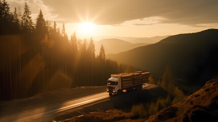 Logging Industrial, cargo truck trailer with big timber wood carrier pine on road forest sunset background. Aerial top view