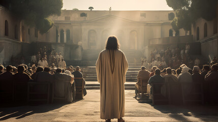 Rear view Jesus preaches to people on streets of Rome. Concept of spread of Christianity - obrazy, fototapety, plakaty