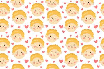 Seamless pattern with cartoon kids faces and hearts