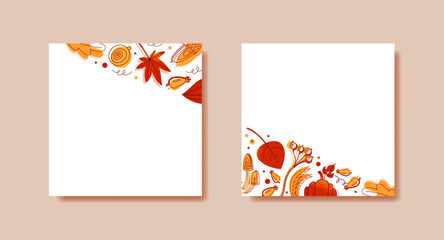 Set of square templates with autumn background. Good for shopping sale or promo poster. Vector illustration. Leaves, berries, mushrooms, pumpkin and other elements.