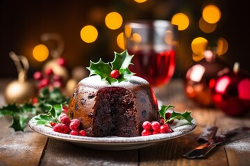 Photo of a festive Christmas pudding with holly decoration on a beautiful plate created with Generative AI technology