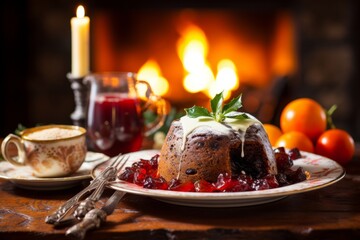 Photo of a festive Christmas pudding adorned with holly leaves on a beautifully set plate created with Generative AI technology