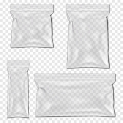 Clear zip lock plastic bag vector mock-up set. Transparent zipper vinyl envelope package. Ziplock seal PVC pouch. Various sizes mockup kit
