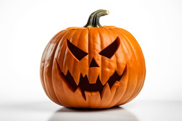 carved halloween pumpkin with angry evil face isolated on white background