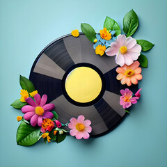 Gramophone record with flowers on a blue background.