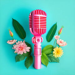 Pink retro microphone with flowers and leaves on blue background. Minimalistic flat lay.