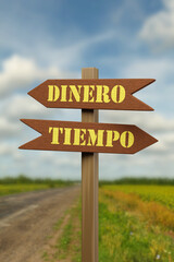 Signpost with the words time and money in spanish. 3d illustration.