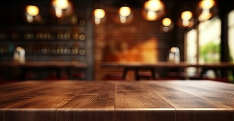 Urban elegance. Empty wooden table in modern cafe. Nighttime vibes. Abstract bar counter blurred background. Retro chic. Vintage coffee shop interior