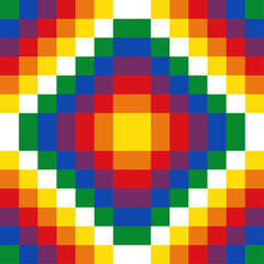 Official variant of the Wiphala, union of four Wiphalas whose white diagonals form an Andean cross or Chakana in the center. The Wiphala of Qullasuyu is an official variant flag of Bolivia since 2009.