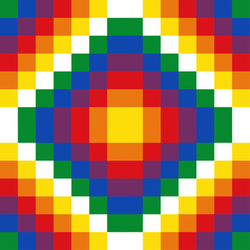 Official variant of the Wiphala, union of four Wiphalas whose white diagonals form an Andean cross or Chakana in the center. The Wiphala of Qullasuyu is an official variant flag of Bolivia since 2009.