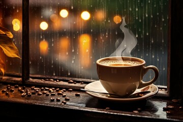 Coffee cup and coffee beans on the window with rain drops, coffee brewing ritual, a cup of hot coffee with a beautiful rainy view outside the window