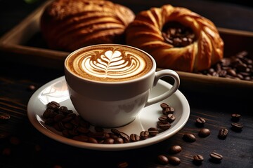 Coffee cup and croissants on a wooden table, breakfast, coffee and snacks, cappuccino coffee with coffee beans, coffee time 