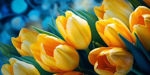the beautiful Spring flower. Bunch of yellow Tulip Flowers on blue sky background