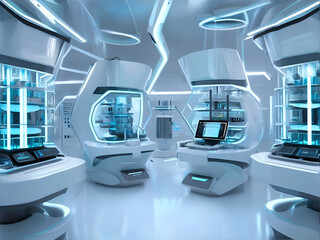 Futuristic laboratory filled with cutting-edge technology and glowing experiments. AI Generated