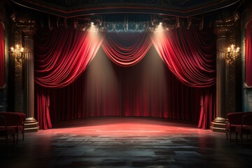 Closed red curtains on stage in theater