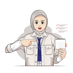 Hijab little kid, school girl. School girl a hijab girl showing notebooks or survey research. Vector illustration