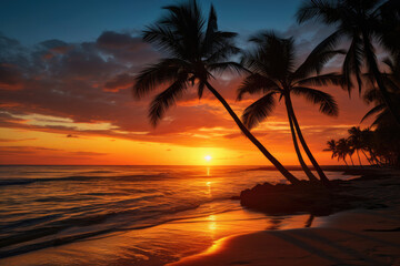 Beautiful tropical beach with palm tree silhouettes against sunset background