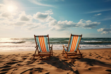 sun loungers on the beach against the backdrop of the sea or ocean. vacation concept