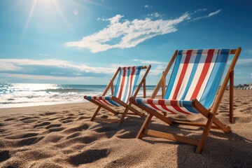 sun loungers on the beach against the backdrop of the sea or ocean. vacation concept