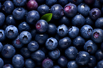 Close up photography of delicious juicy sweet forest blueberries with water droplets generative AI concept