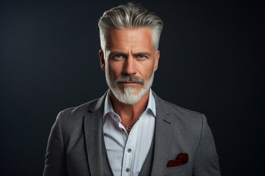 Portrait of confident professional senior businessman leader wearing suit isolated on grey color background generative AI