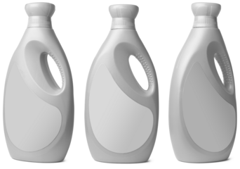 set of household chemical plastic bottle with handle and blank label isolated on white background, liquid detergent or soap, bathroom cleaner, laundry bleach or stain remover in different angles