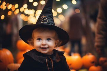 Little kid baby in witch costume celebrating first halloween holiday Generative AI picture - obrazy, fototapety, plakaty