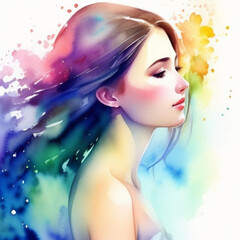 Obraz na płótnie Canvas Colourful watercolour art style portrait of a beautiful young woman. Generative AI
