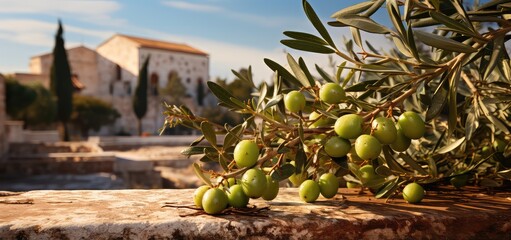 Źdźbła oliwek ze starym włoskim kościołem w tle.  - obrazy, fototapety, plakaty