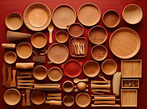 still life with tableware made of bamboo on a dark red background, reusable and biodegradable.