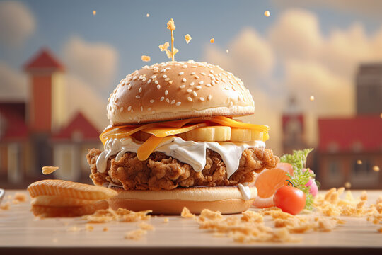 hamburguesa de pollo crujiente completa con cebolla, tomate, lechuga, pepinillo, sobre mesa, sobre fondo desenfocado de casas rojas