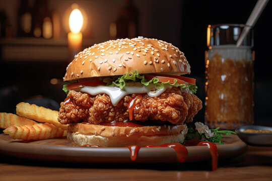 hamburguesa de pollo crujiente completa con cebolla, tomate, lechuga, pepinillo, queso, sobre un plato con patatas fritas y vaso con bebida