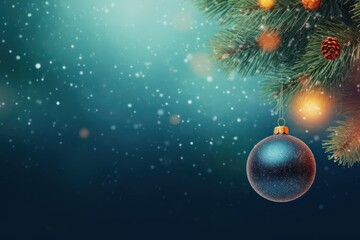 Christmas background with fir tree and festive decoration on blue bsckground. Photo with copy space.